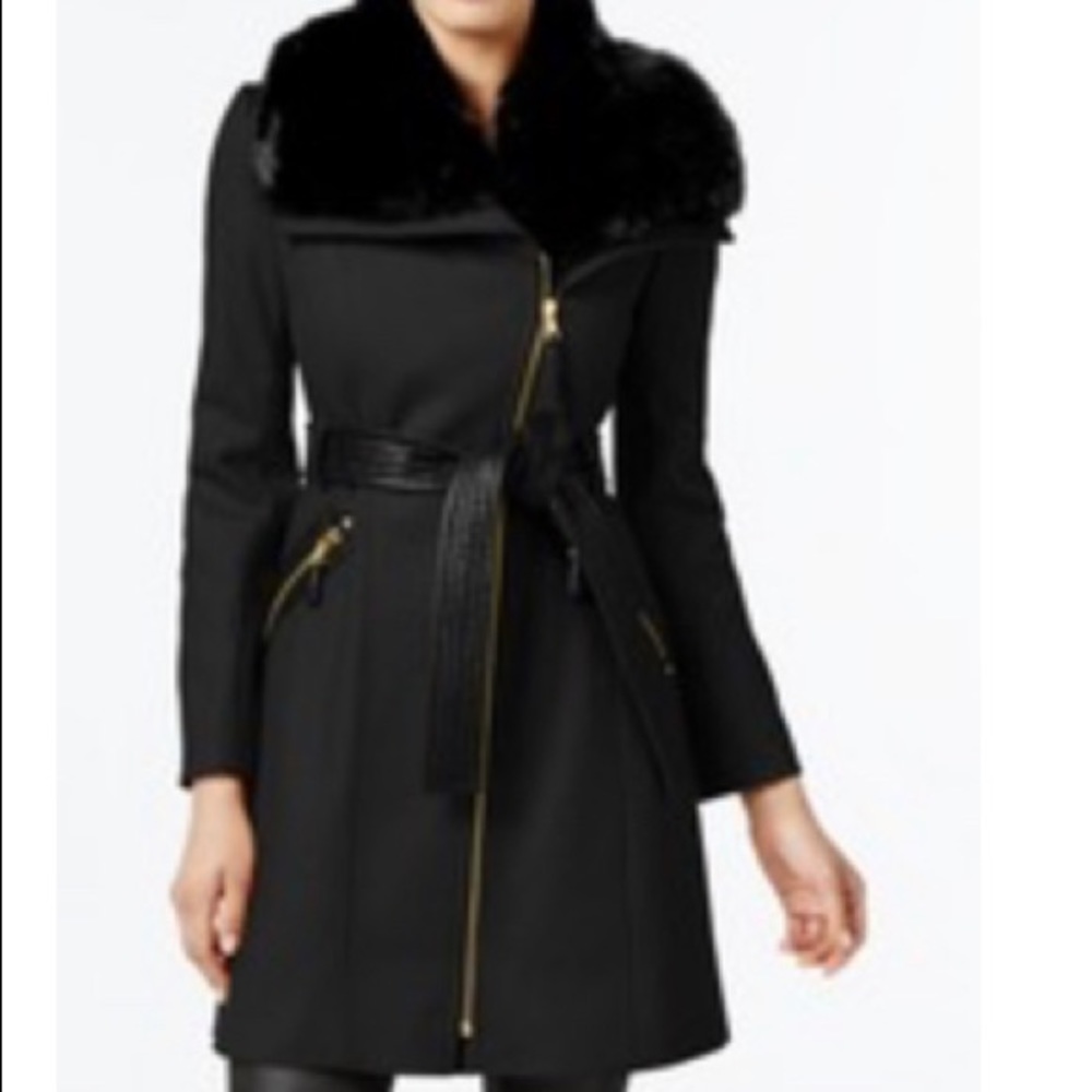 Via Spiga Faux Fur Collar Asymmetrical Zip w/gold